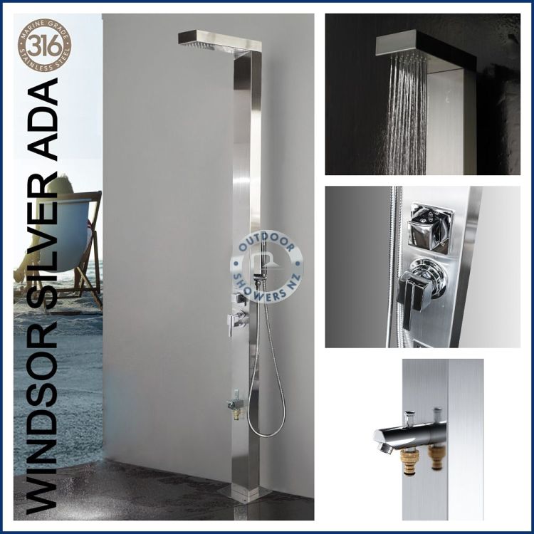 Windsor Silver ADA 316L Marine Grade Stainless Steel Outdoor Pool Shower with Hot & Cold Mixer