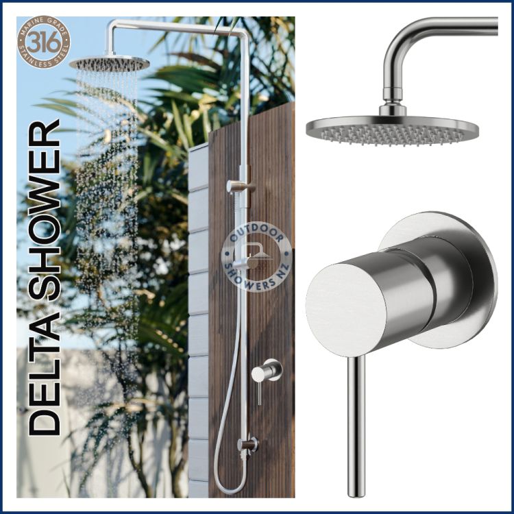 Delta 316 Marine Grade Stainless Steel Wall Mounted Outdoor Shower Rail, 2 in 1 with Hot & Cold Mixer Valve Package