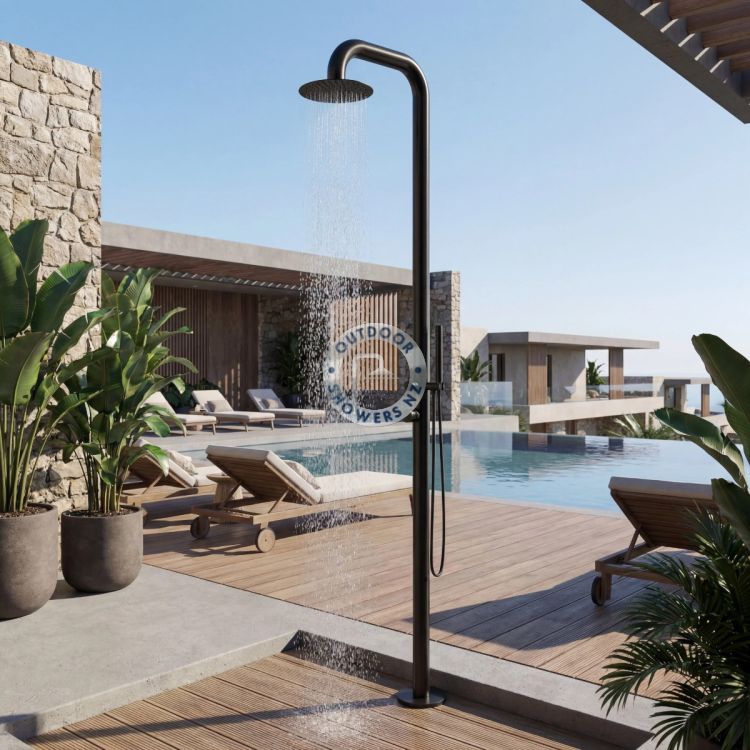 Hampton Black 316L Stainless Steel Marine-Grade Outdoor Pool Shower, Hot & Cold Mixer Included with Hand Shower Wand