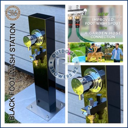 Black Outdoor Foot Wash Station 316L Marine Grade Stainless Steel, with a Garden Hose Connection & Hot & Cold Mixer